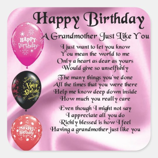 Grandmother Poem - Happy Birthday Square Sticker | Zazzle.com