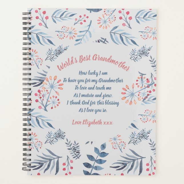 Grandmother Poem Personalized Blue Gray Rose Planner (Front)
