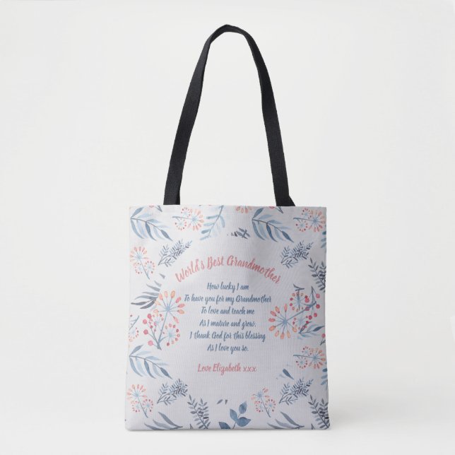 Grandmother Poem Personalized Blue Gray Rose Tote Bag (Front)