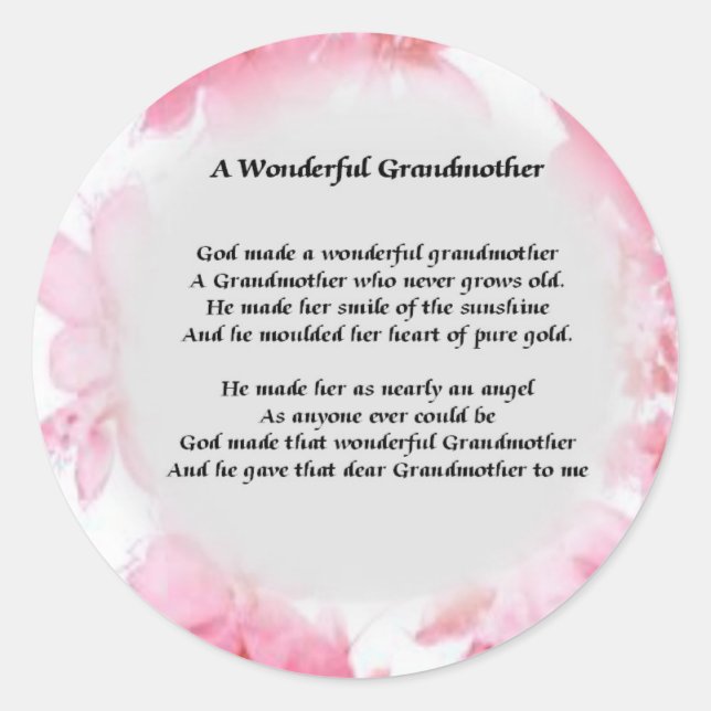 Grandmother Poem - Pink Floral Classic Round Sticker (Front)