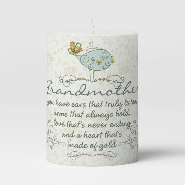 Grandmother Poem with Birds Pillar Candle (Front)