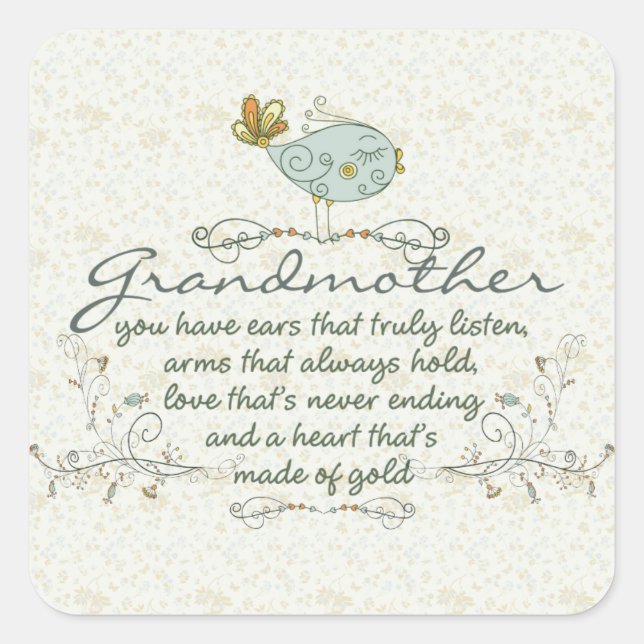 Grandmother Poem with Birds Square Sticker (Front)