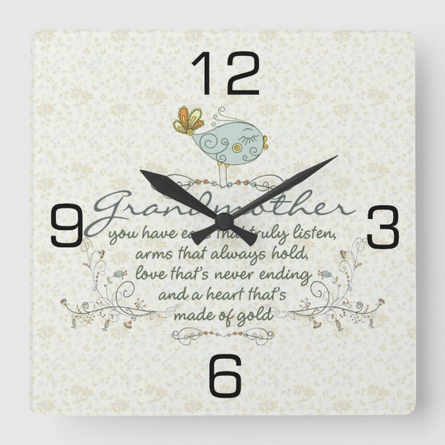Grandmother Poem with Birds Square Wall Clock (Front)