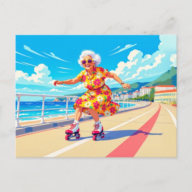 Grandmother Roller Skating Illustration Holiday Postcard (Front)