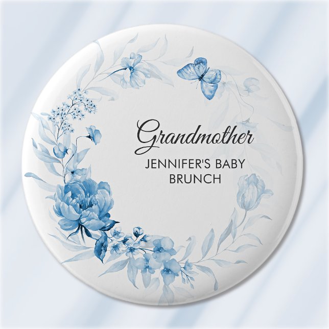 Grandmother Soft Blue Florals Baby Shower/Brunch Button (Creator Uploaded)