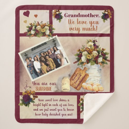 Grandmother We Love You Photo Fall Floral  Text Sherpa Blanket