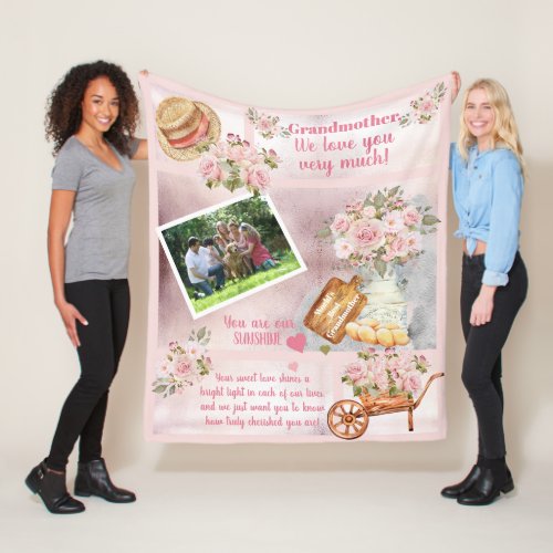 Grandmother We Love You Photo Pink Floral Text Fleece Blanket