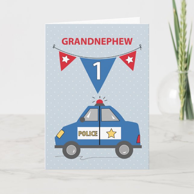 Grandnephew 1st Birthday Blue Police Car Card (Front)