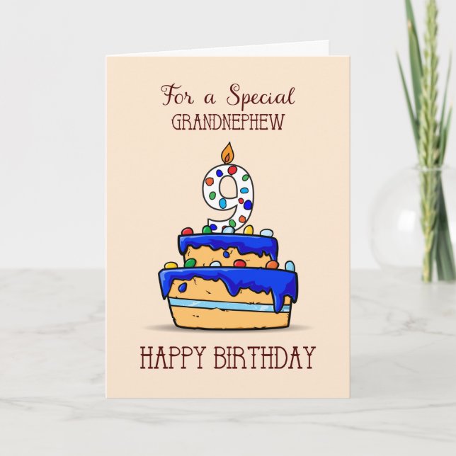 Grandnephew 9th Birthday, 9 on Sweet Blue Cake Card (Front)