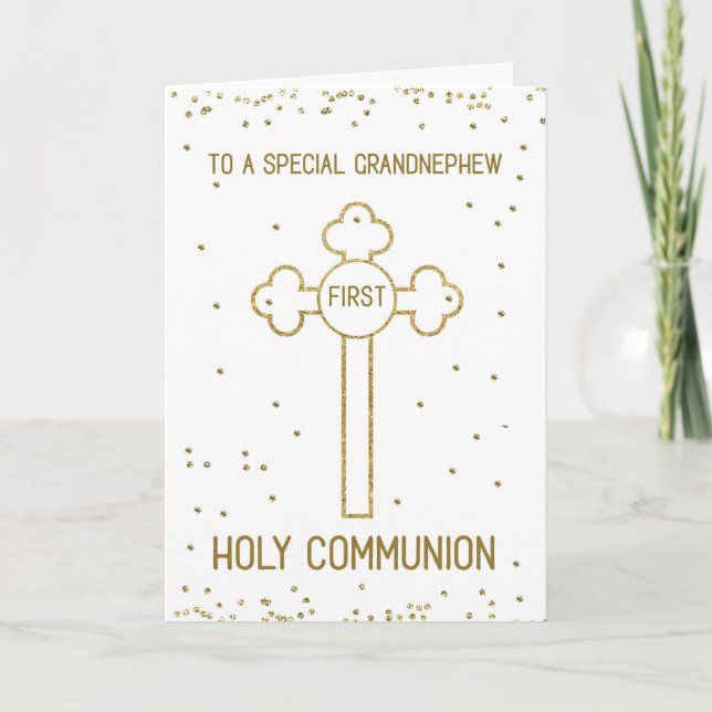 Grandnephew First Holy Communion Gold Look Cross Card (Front)