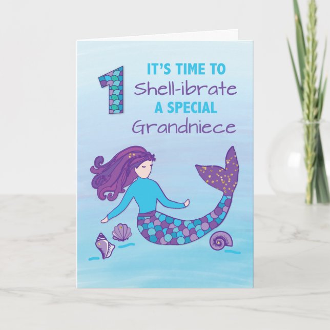 Grandniece 1st Birthday Sparkly Look Mermaid Card (Front)