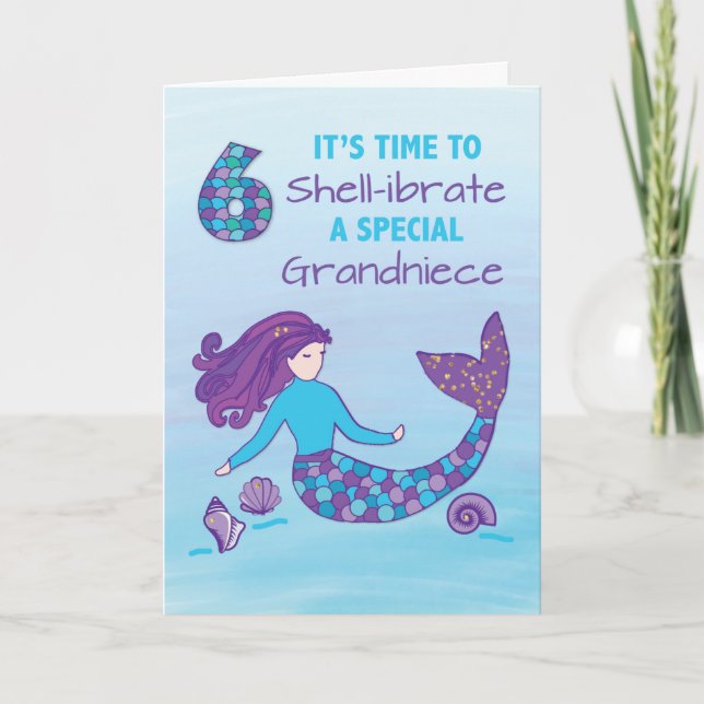 Grandniece 6th Birthday Sparkly Look Mermaid Card (Front)