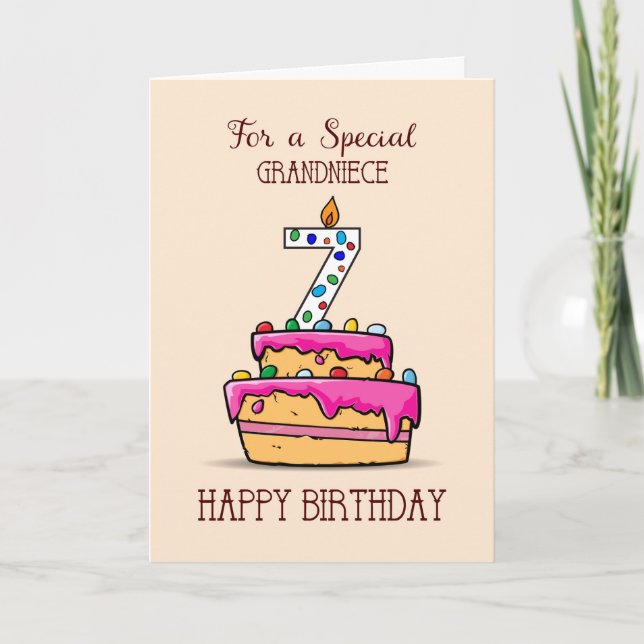 Grandniece 7th Birthday, 7 on Sweet Pink Cake Card (Front)