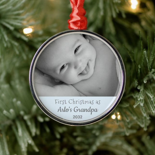 Grandpa 1st Christmas Personalized Name Year Photo Metal Ornament (Tree)