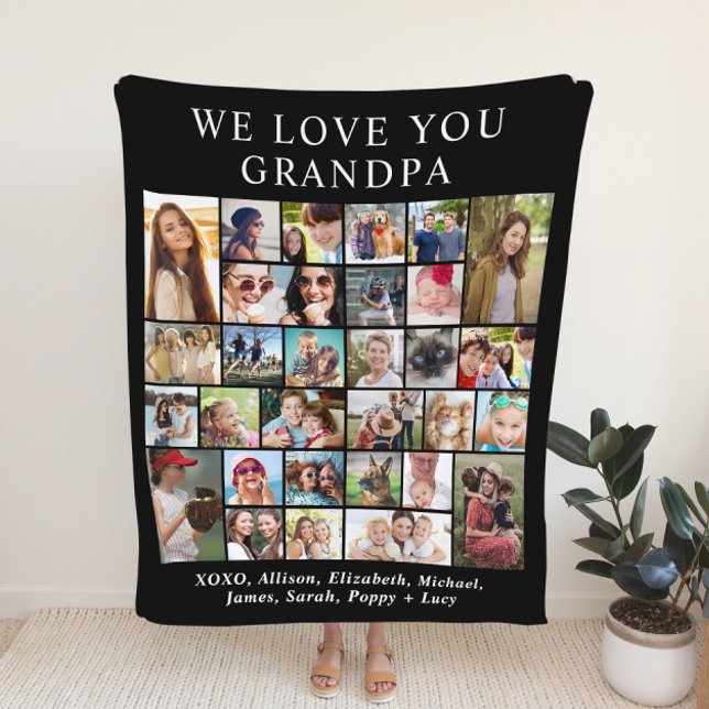 Grandpa 30 Photo Collage Black Fleece Blanket (Creator Uploaded)