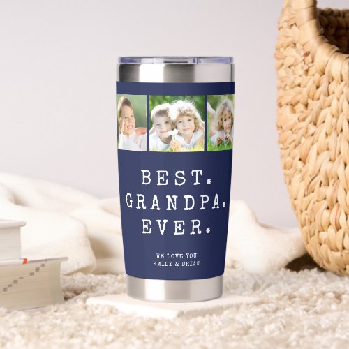 Grandpa 3 Photos Personalized Navy Blue Insulated Tumbler