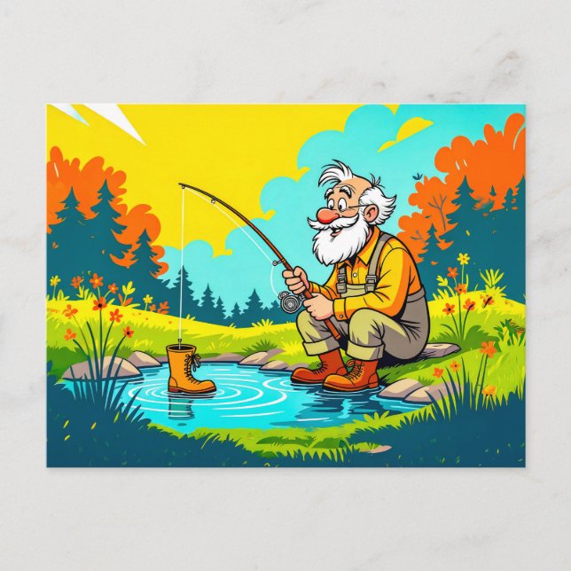 Grandpa catching a shoe while fishing holiday postcard (Front)
