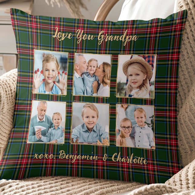 Grandpa Christmas Plaid Custom Gold Photo Collage Throw Pillow (Creator Uploaded)