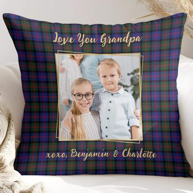 Grandpa Christmas Plaid Personalized Gold Picture Throw Pillow (Creator Uploaded)