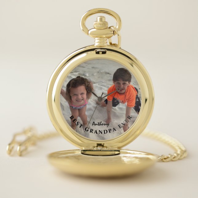 Grandpa Custom Kids Photo Monogram Name Pocket Watch (Inside)