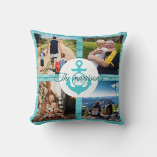 Grandpa Custom Photo Collage Blue rustic anchor Throw Pillow