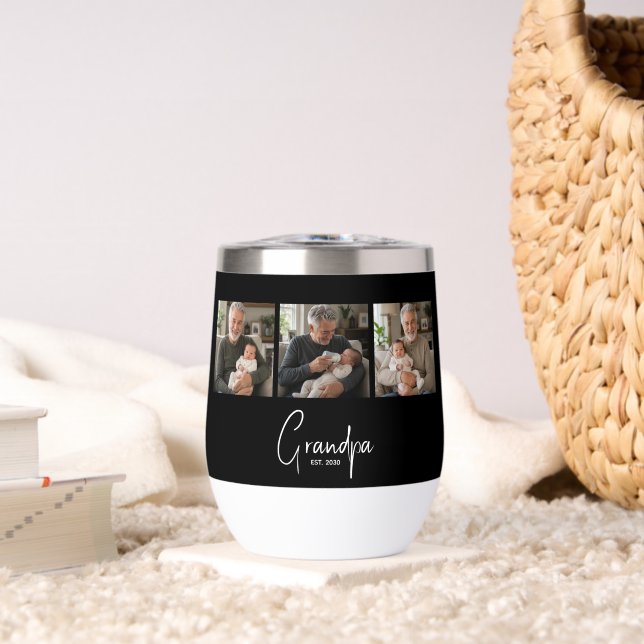 Grandpa Established 3 Photo Black Thermal Wine Tumbler (Living Room (Rotated))