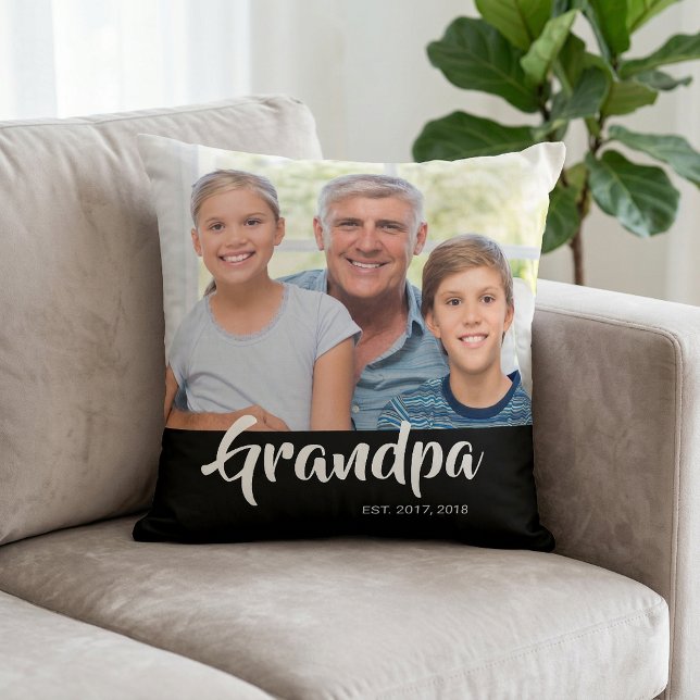 Grandpa Established Black Modern Script Photo Throw Pillow (Grandpa Established Black Modern Script Photo Throw Pillow)