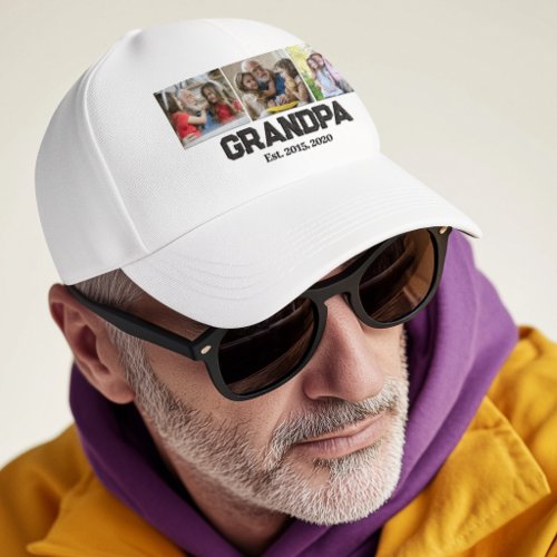 Grandpa established black white script 3 photo trucker hat