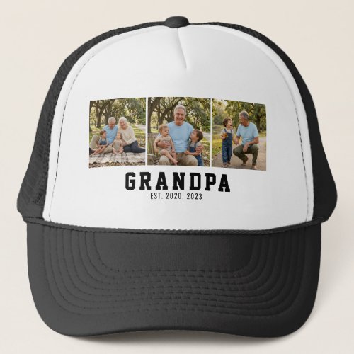 Grandpa Established Bold Modern Black 3 Photo Trucker Hat