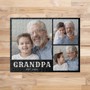 Grandpa Established Bold Typography Black 3 Photo Jigsaw Puzzle