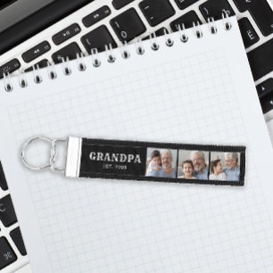 Grandpa Established Bold Typography Black 3 Photo Wrist Keychain