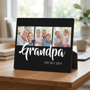 Grandpa Established Elegant Script Black 3 Photo Plaque