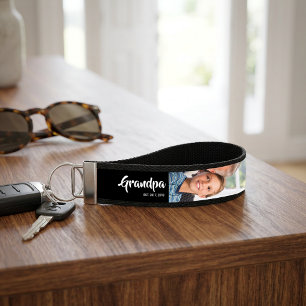 Grandpa Established Modern Script 3 Photo Wrist Keychain