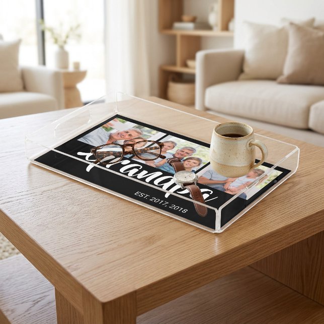Grandpa Established Modern Script Black 3 Photo Acrylic Tray (Grandpa Established Modern Script Black 3 Photo Acrylic Tray)