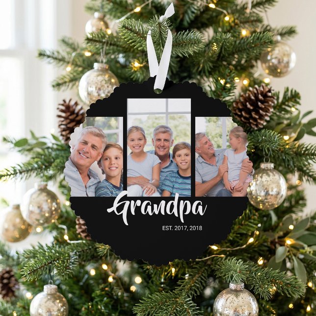 Grandpa Established Modern Script Black 3 Photo Ornament Card (Grandpa Established Modern Script Black 3 Photo Ornament Card)