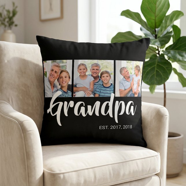 Grandpa Established Modern Script Black 3 Photo Throw Pillow (Grandpa Established Modern Script Black 3 Photo Throw Pillow)