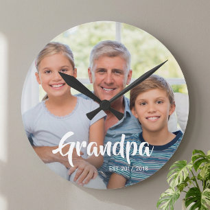 Grandpa Established Modern White Script Photo Round Clock