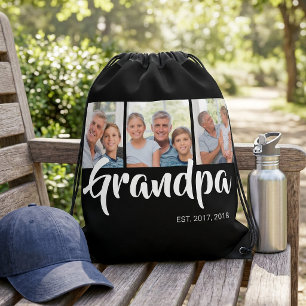 Grandpa Established Script Black 3 Photo Drawstring Bag
