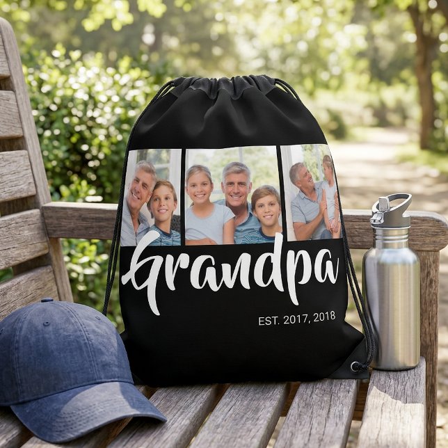 Grandpa Established Script Black 3 Photo Drawstring Bag (Grandpa Established Script Black 3 Photo Drawstring Bag)