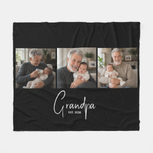 Grandpa Established Script Black 3 Photo Fleece Blanket