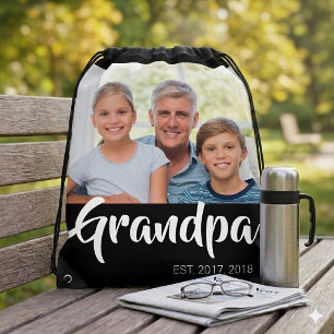 Grandpa Established Script Black Photo Drawstring Bag
