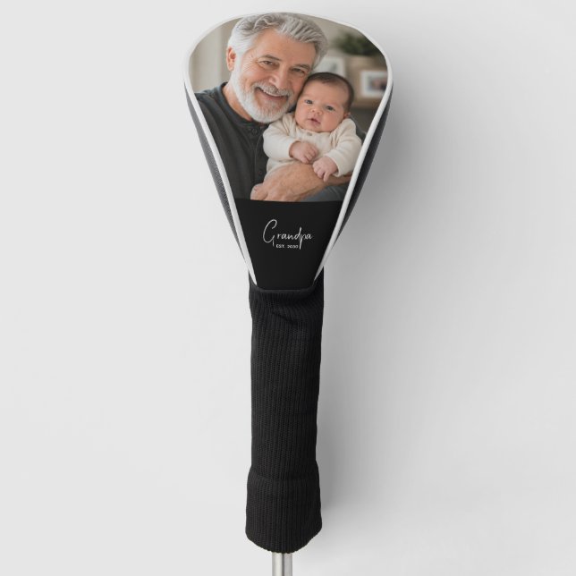 Grandpa Established Script Black Photo  Golf Head Cover (Front)