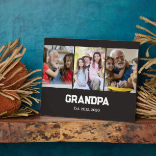 Grandpa established simple white script 3 photo plaque
