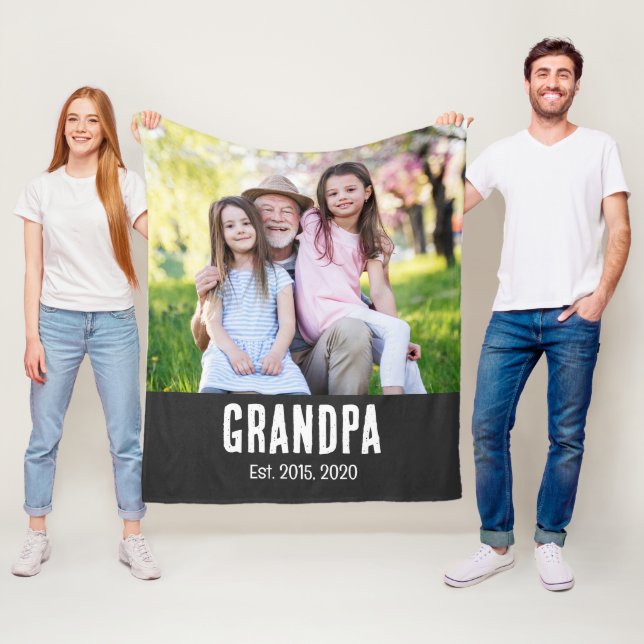 Grandpa Established White Script Photo Fleece Blanket (In Situ)