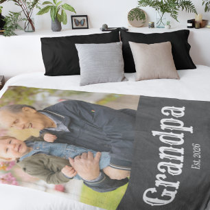 Grandpa Established White Script Photo Fleece Blanket
