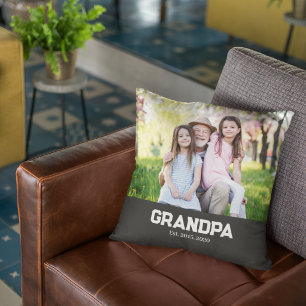 Grandpa Established White Script Photo Throw Pillow