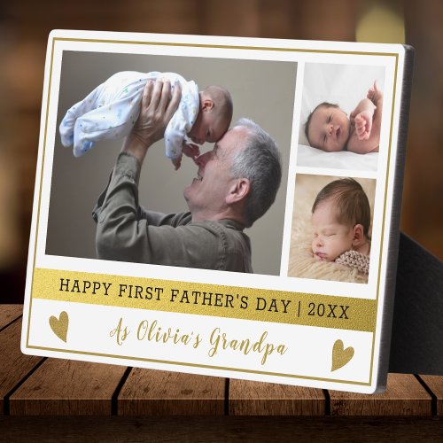 Grandpa First Fathers Day 3 Photo Collage Gold Plaque