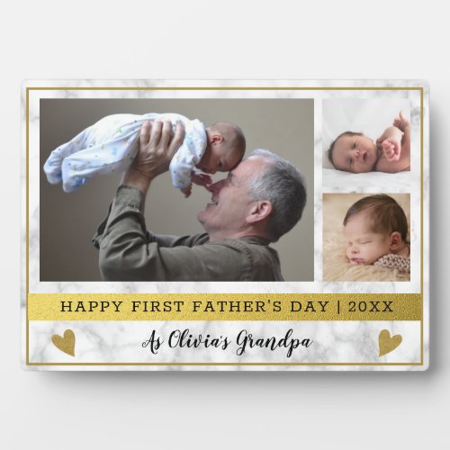 Grandpa First Fathers Day 3 Photo Marble And Gold Plaque