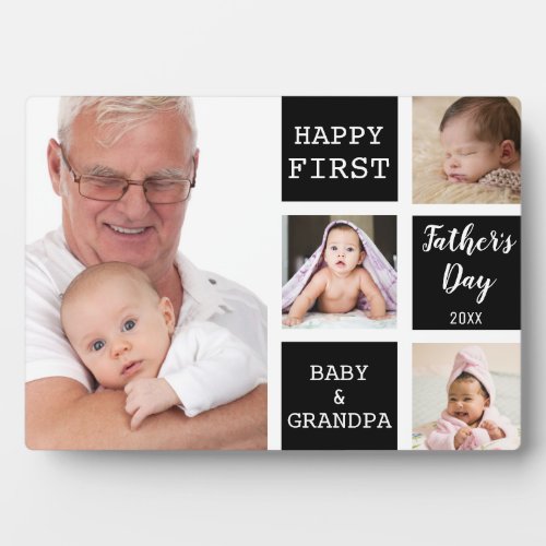 Grandpa First Fathers Day 4 Photo Collage Black Plaque