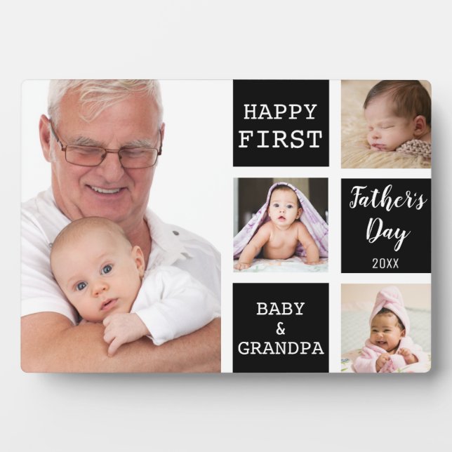 Grandpa First Father's Day 4 Photo Collage Black Plaque (Front)